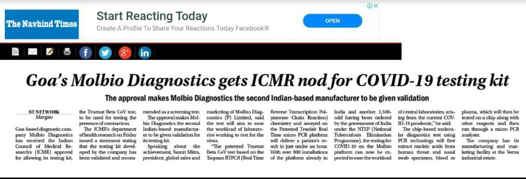 ICMR has approved Truenat Beta CoV test of Molbio Diagnostics for COVID-19 Testing