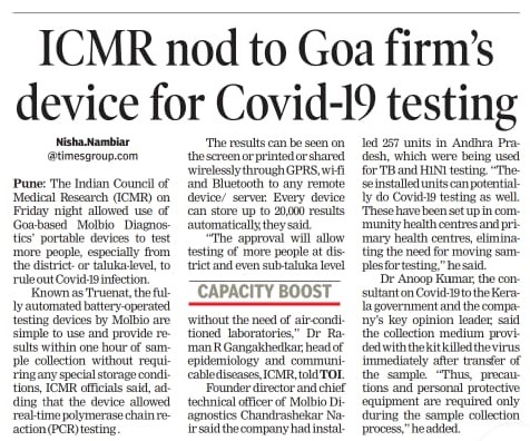 ICMR has approved Truenat Beta CoV test of Molbio Diagnostics for COVID-19 Testing
