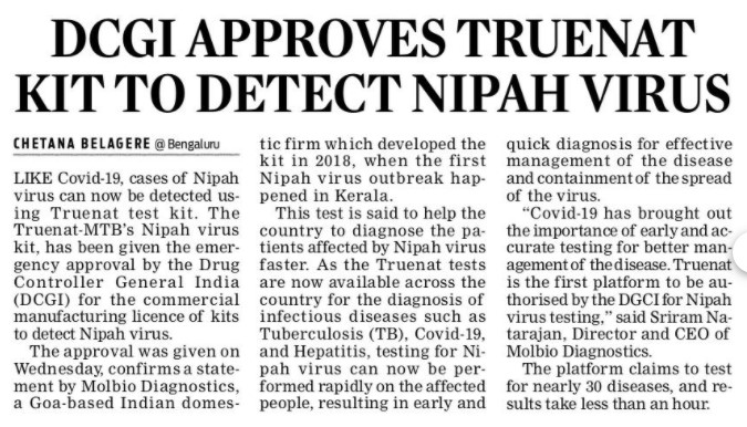 Molbio Diagnostics receives ‘emergency use authorisation’ from DCGI for Nipah test